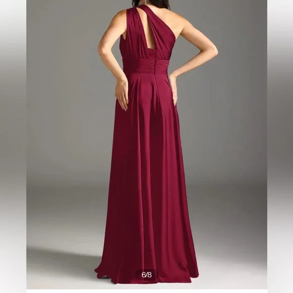 Burgundy A-Line One Shoulder Stretch Satin Dress - Picture 8 of 10